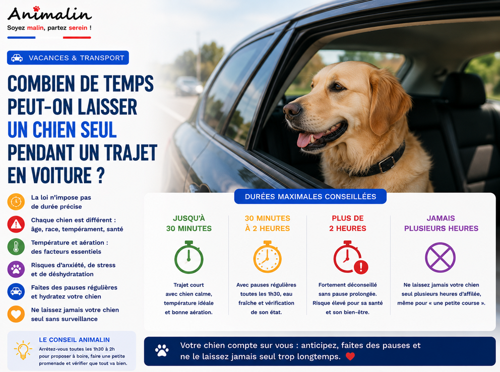 🚗 Combien de temps peut-on laisser un chien seul pendant un trajet en voiture ?