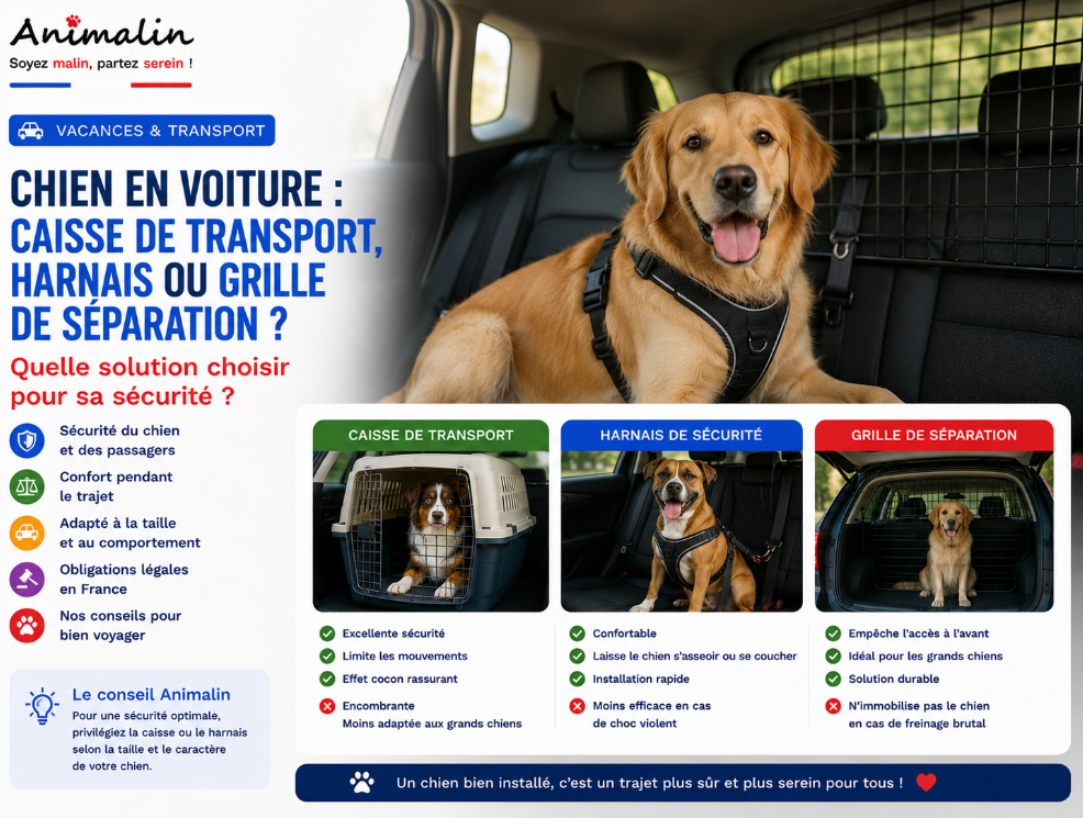 🐶 Chien en voiture : faut-il utiliser une caisse de transport, un harnais ou une grille de séparation ?